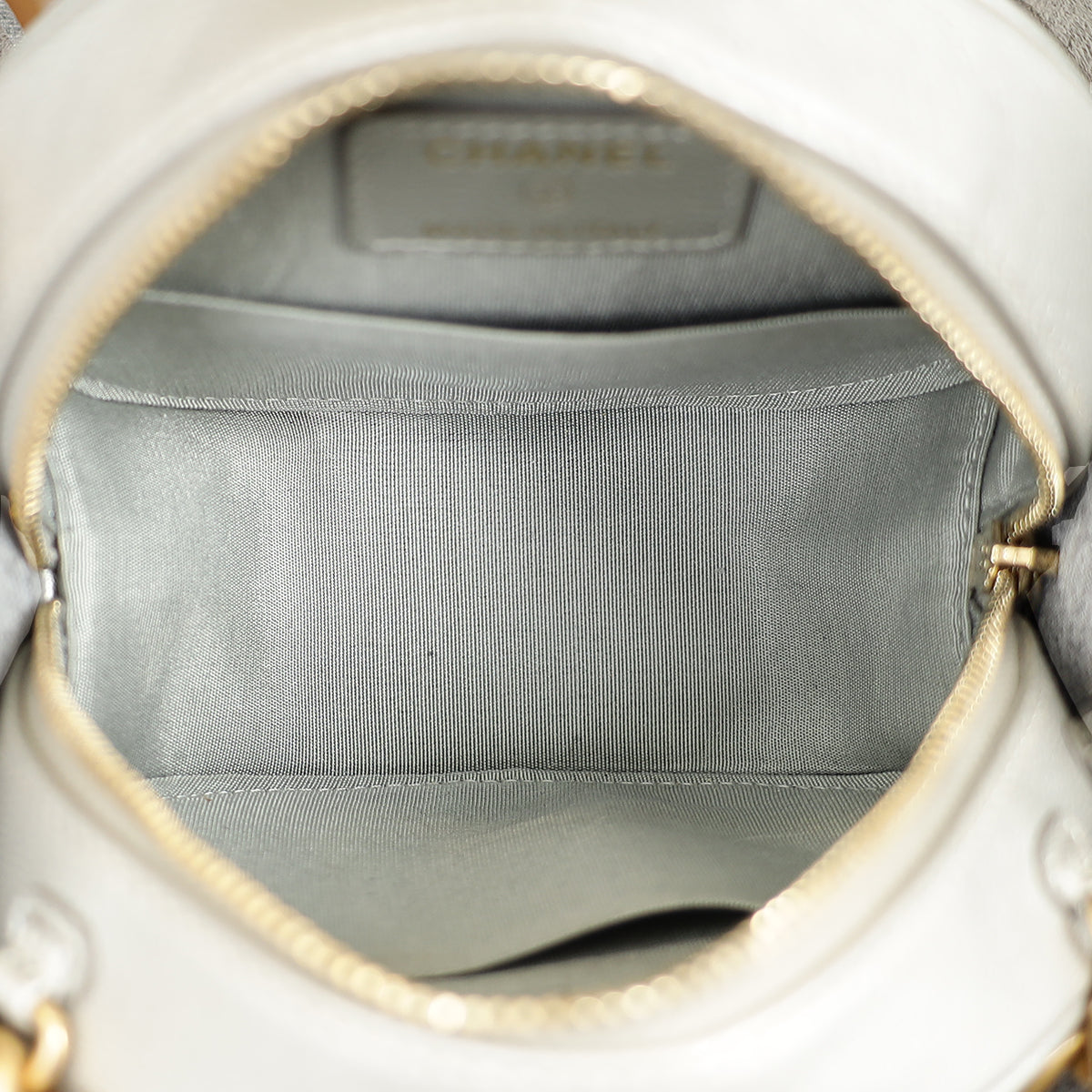 Chanel Metallic Gray 19 Round Mini Clutch w/ Chain