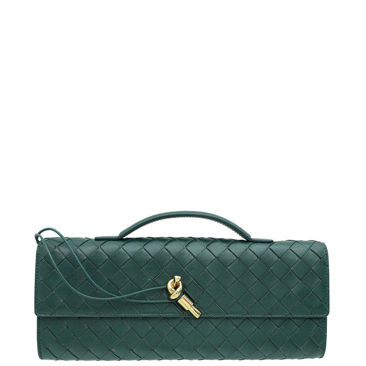 Bottega Veneta Emerald Green Intrecciato Nappa Long Andiamo Handle Clutch-Bottega Veneta-THE CLOSET