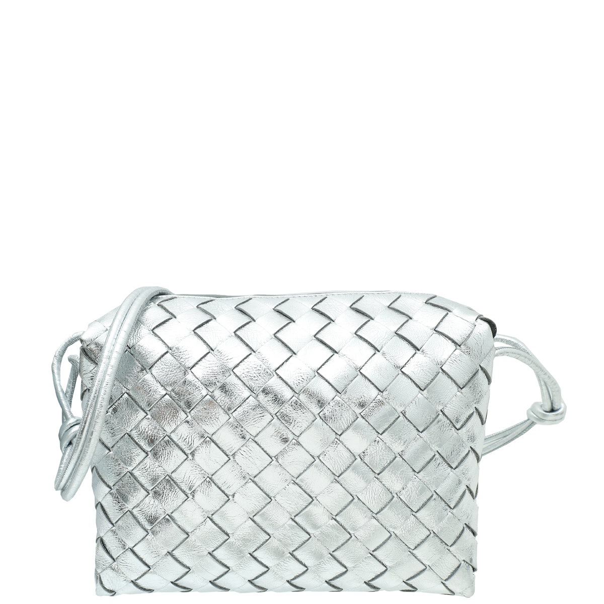 Bottega Veneta Metallic Silver Intrecciato Loop Crossbody Small Bag-Bottega Veneta-THE CLOSET