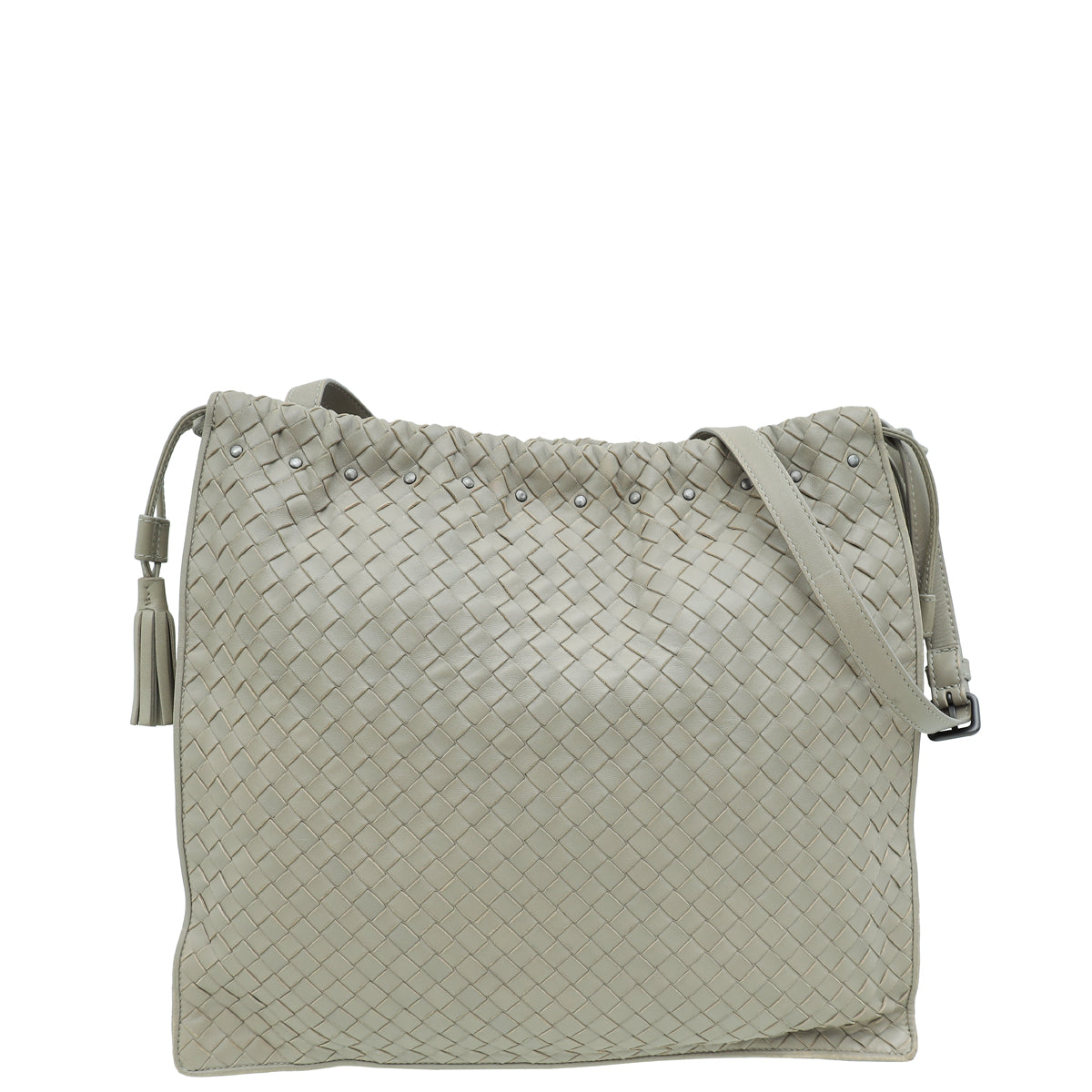 Bottega Veneta Grey Intrecciato Drawstring Tassel Crossbody Bag