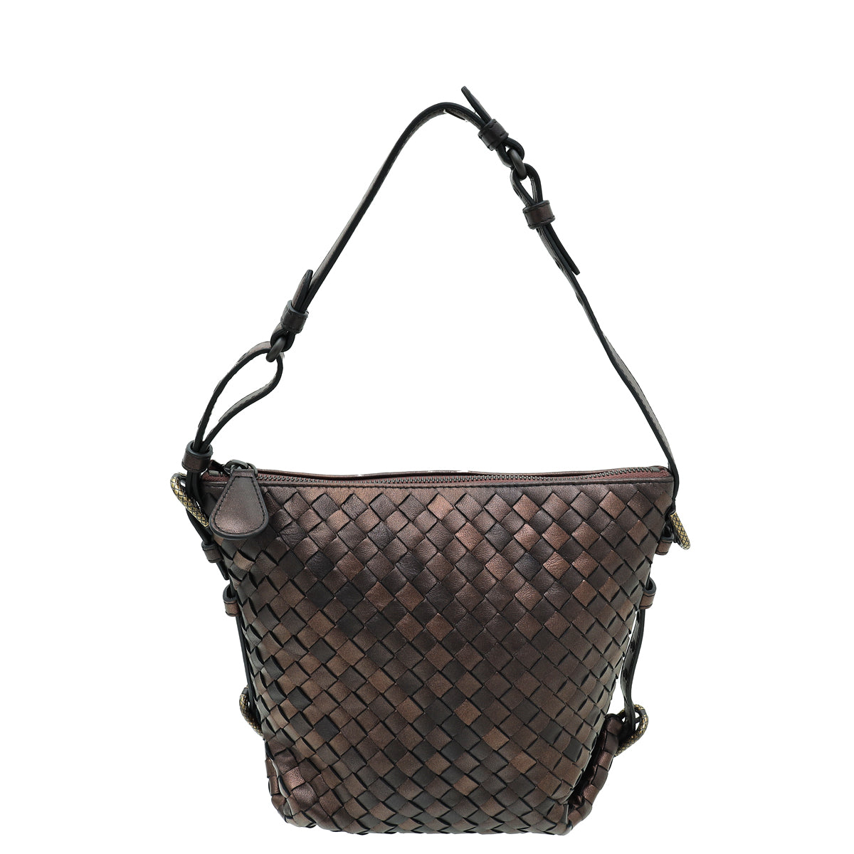 Bottega Veneta Dark Bronze Intrecciato Nappa Belted Zip Bucket Bag