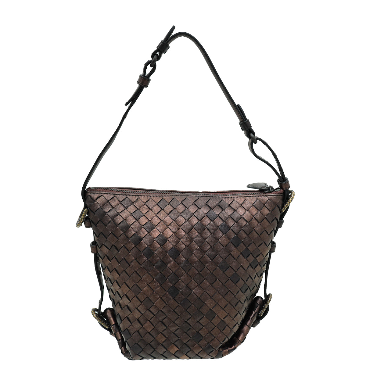 Bottega Veneta Dark Bronze Intrecciato Nappa Belted Zip Bucket Bag-Bottega Veneta-THE CLOSET