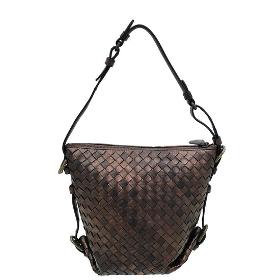 Bottega Veneta Dark Bronze Intrecciato Nappa Belted Zip Bucket Bag