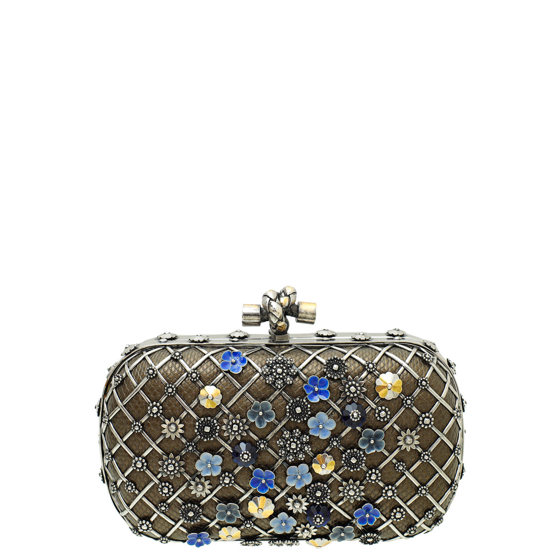 Bottega Veneta Antique Brass Karung Metal Embellished Knot Clutch-Bottega Veneta-THE CLOSET