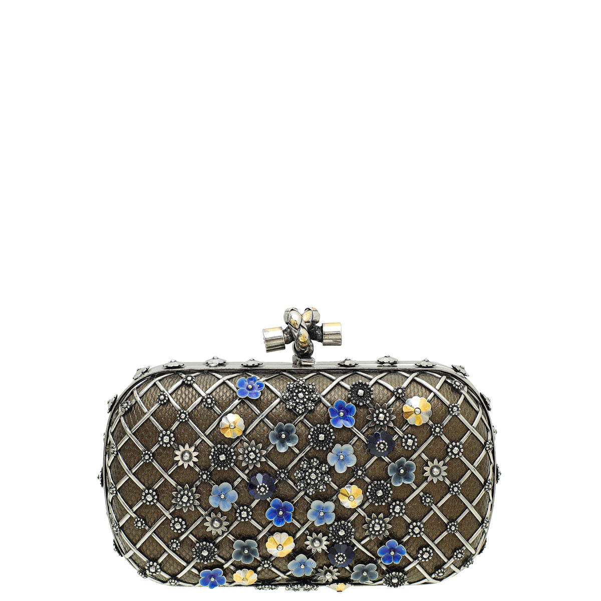 Bottega Veneta Antique Brass Karung Metal Embellished Knot Clutch-Bottega Veneta-THE CLOSET