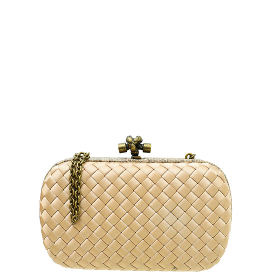 Bottega Veneta Beige Knot Intrecciato Silk Chain Clutch Bag