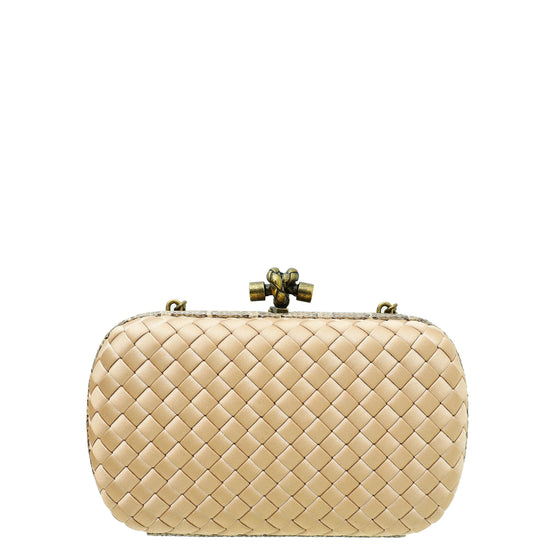 Bottega Veneta Beige Knot Intrecciato Silk Chain Clutch Bag