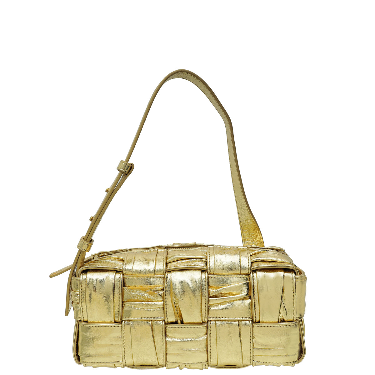 Bottega Veneta Metallic Gold Laminated Brick Cassette Small Shoulder Bag