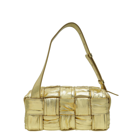 Bottega Veneta Metallic Gold Laminated Brick Cassette Small Shoulder Bag