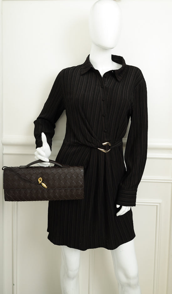 Bottega Veneta Fondant Brown Intrecciato Andiamo Clutch-Bottega Veneta-THE CLOSET