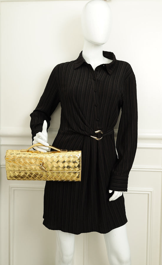 Bottega Veneta Metallic Gold Intrecciato Andiamo Clutch-Bottega Veneta-THE CLOSET