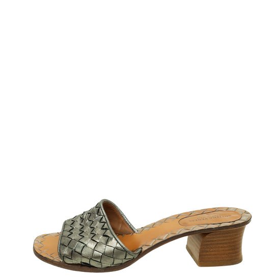 Bottega Veneta Metallic Grey Intrecciato Nappa Slide Mules 36