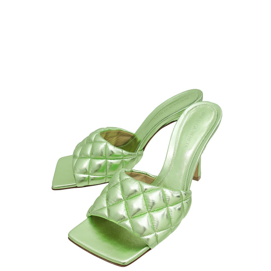 Bottega Veneta Green Laminated Padded Lido Heeled Mules 38