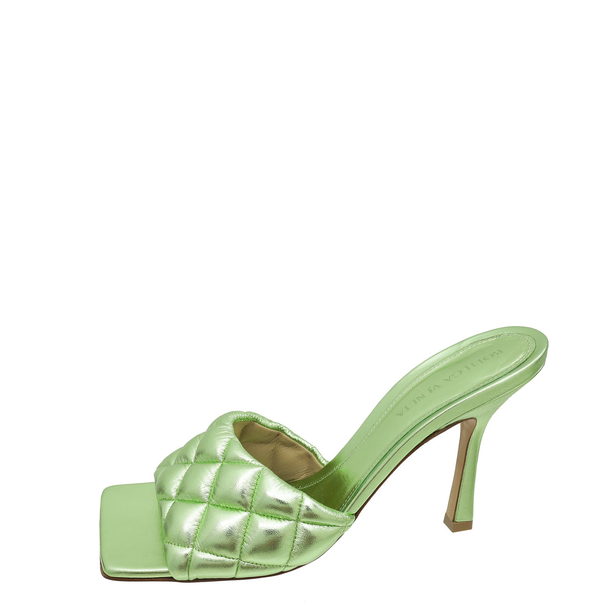 Bottega Veneta Green Laminated Padded Lido Heeled Mules 38