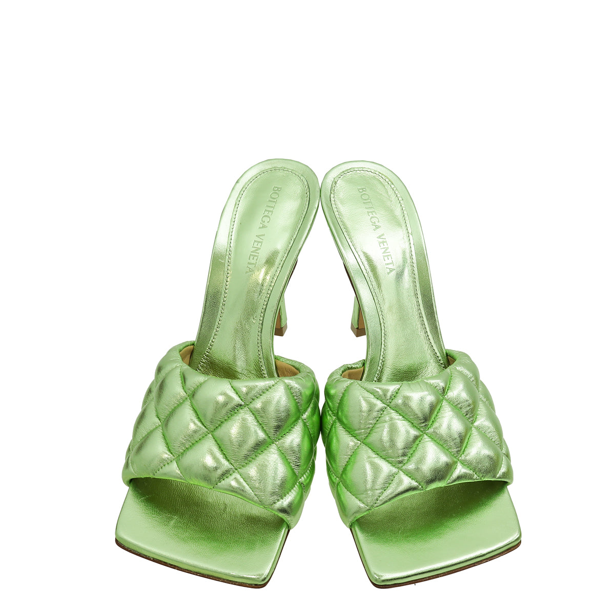 Bottega Veneta Green Laminated Padded Lido Heeled Mules 38