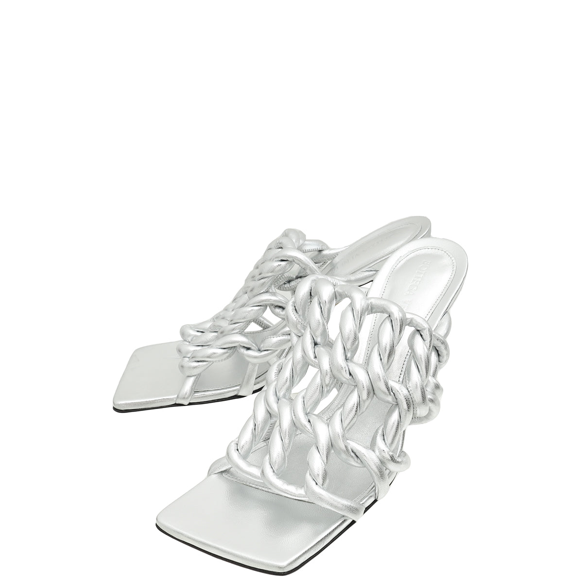 Bottega Veneta Silver Stretch 90 Woven Laminated Mule Sandals 38-Bottega Veneta-THE CLOSET