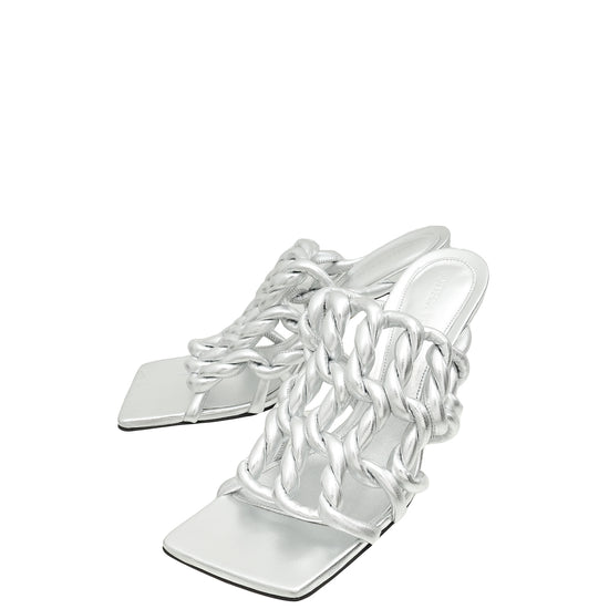 Bottega Veneta Silver Stretch 90 Woven Laminated Mule Sandals 38