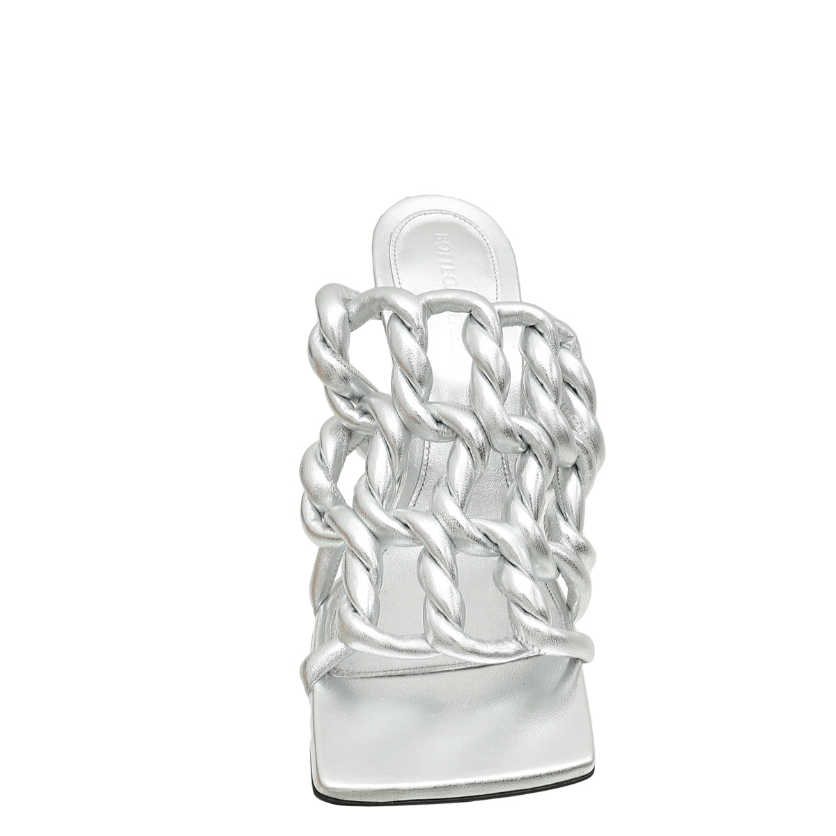 Bottega Veneta Silver Stretch 90 Woven Laminated Mule Sandals 38-Bottega Veneta-THE CLOSET