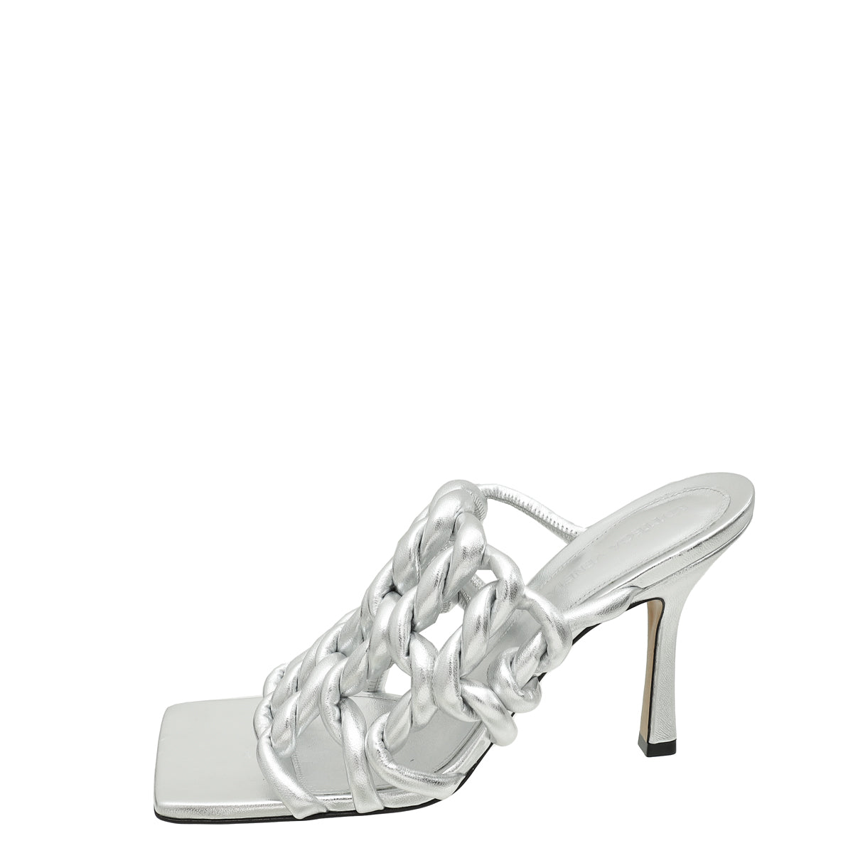 Bottega Veneta Silver Stretch 90 Woven Laminated Mule Sandals 38