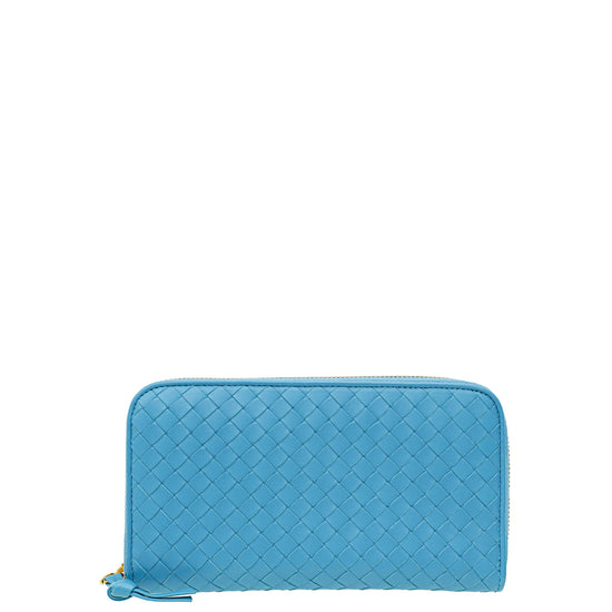 Bottega Veneta Blue Intrecciato Zip Around Wallet