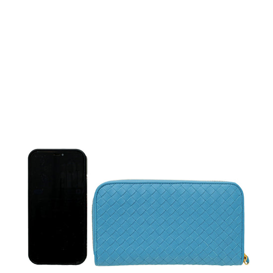 Bottega Veneta Blue Intrecciato Zip Around Wallet