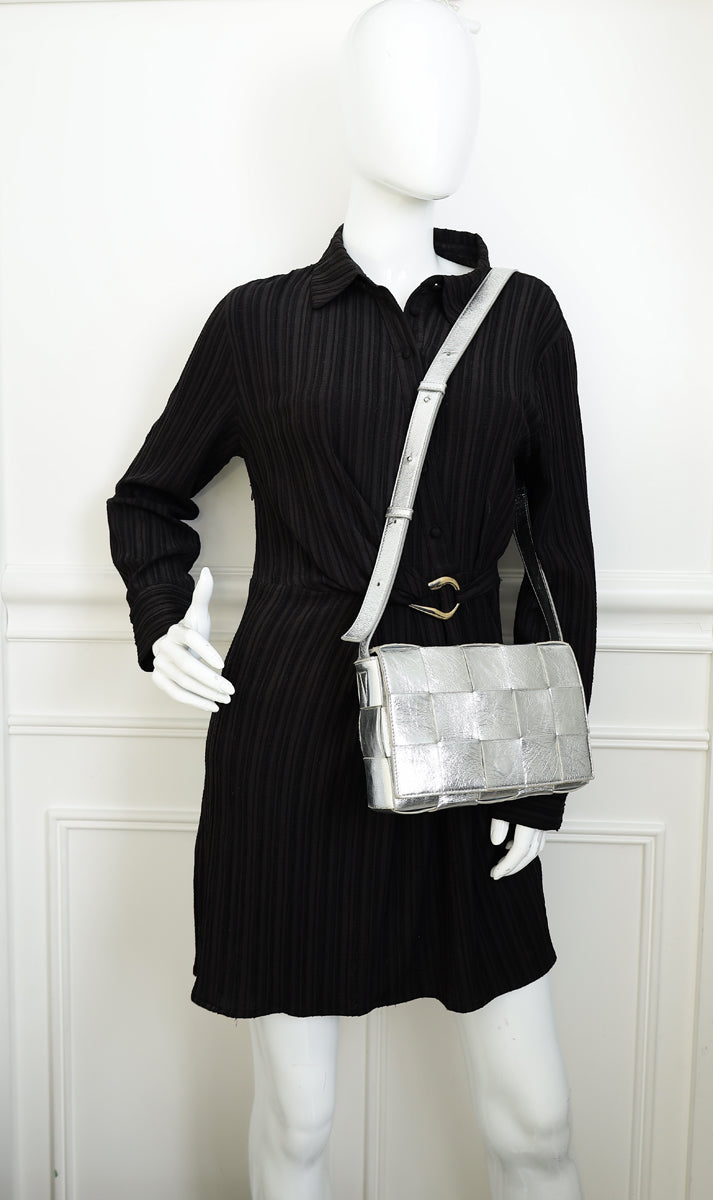 Bottega Veneta Metallic Silver Intreccio Cassette Shoulder Bag