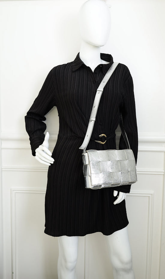Bottega Veneta Metallic Silver Intreccio Cassette Shoulder Bag