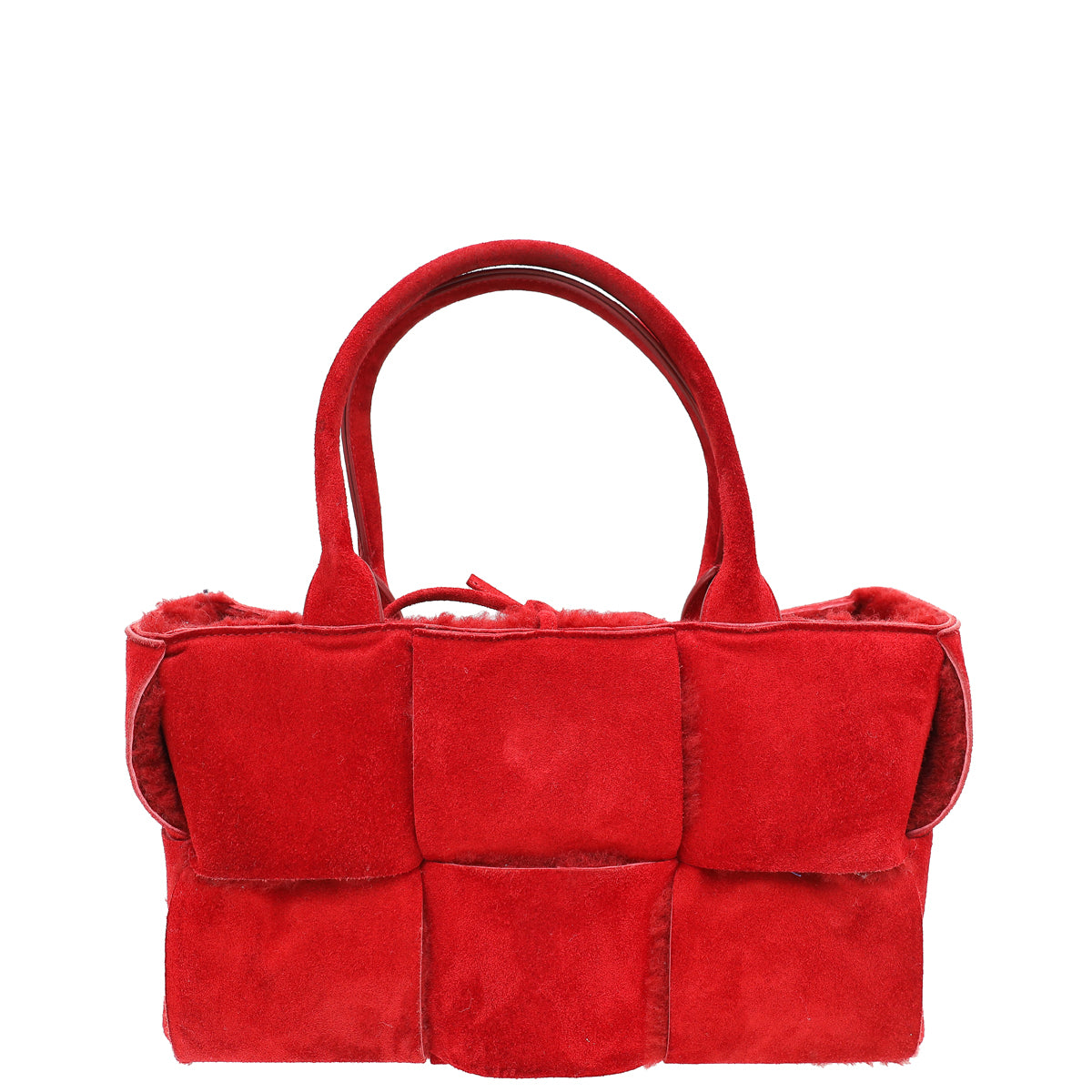 Bottega Veneta Red maxi Intrecciato Suede Shearling Arco Tote Small Bag-Bottega Veneta-THE CLOSET