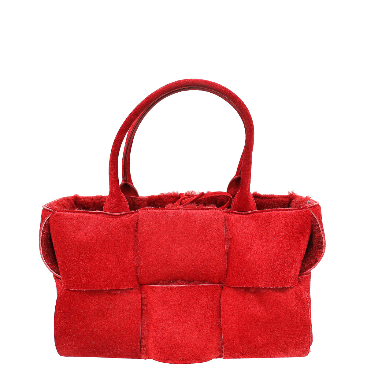 Bottega Veneta Red maxi Intrecciato Suede Shearling Arco Tote Small Bag-Bottega Veneta-THE CLOSET