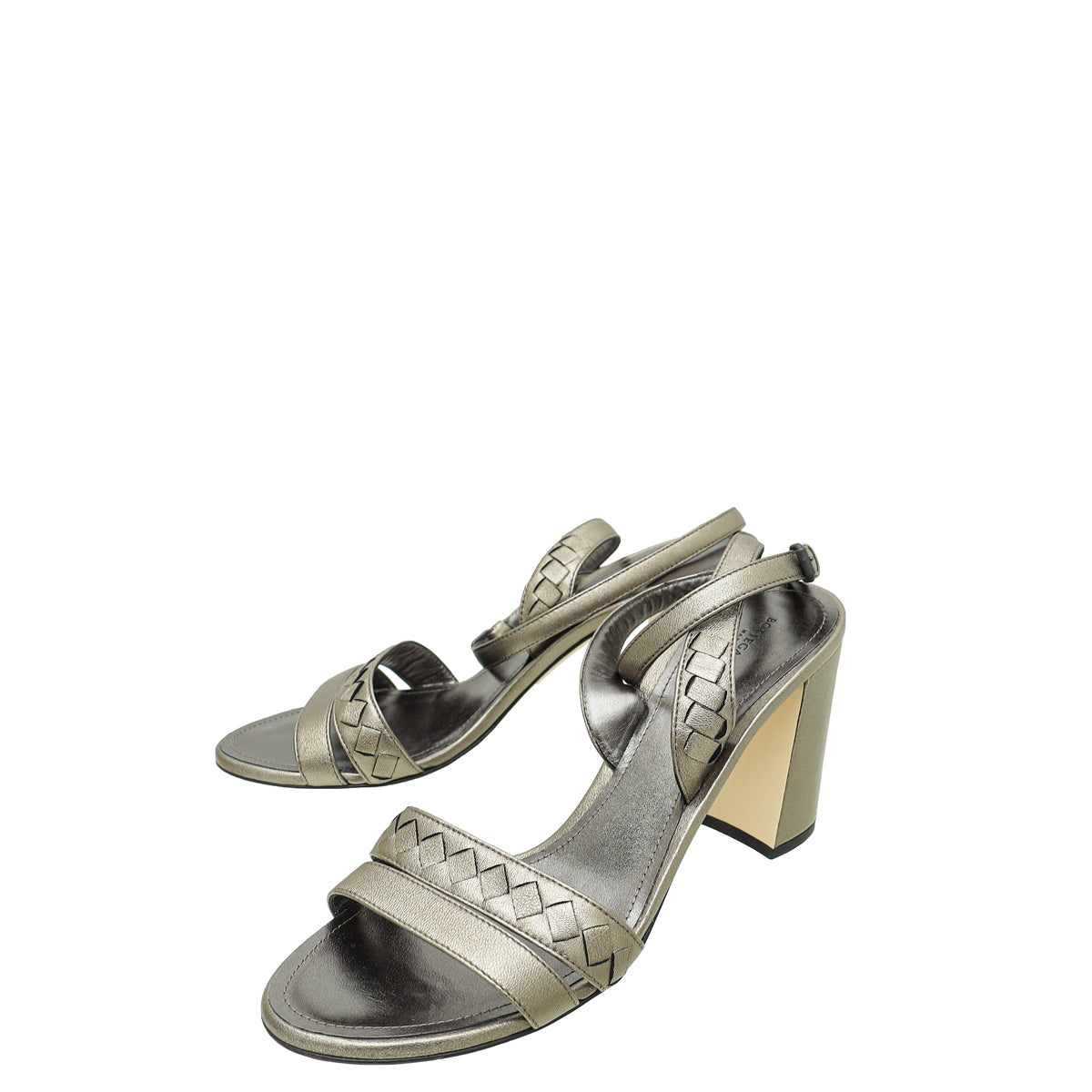 Bottega Veneta Metallic Olive Intrecciato Cross Ankle Strap Block Heeled Sandals 38.5-Bottega Veneta-THE CLOSET