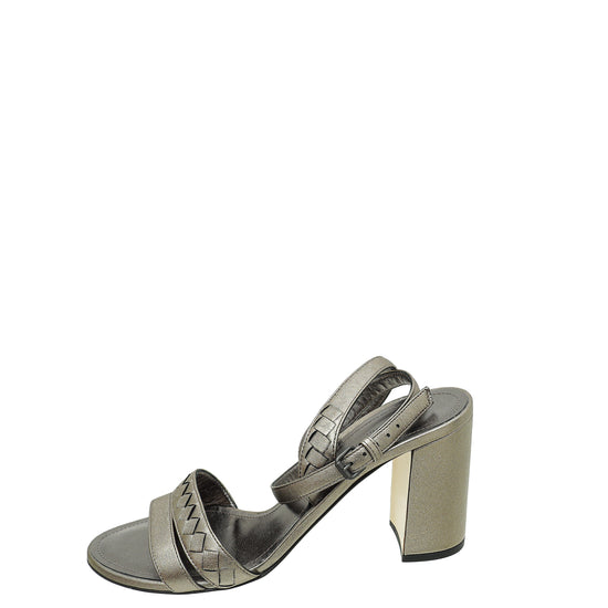 Bottega Veneta Metallic Olive Intrecciato Cross Ankle Strap Block Heeled Sandals 38.5