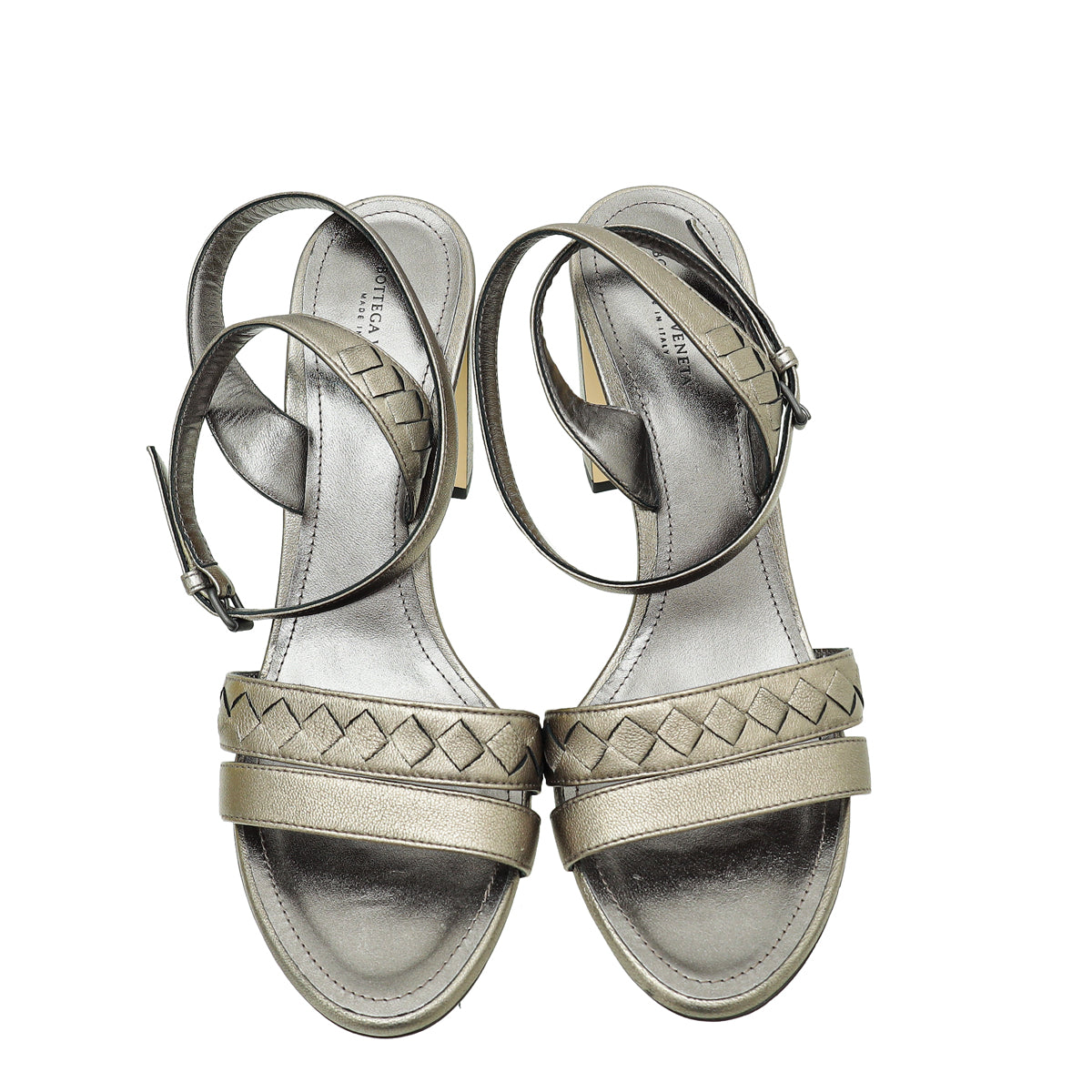 Bottega Veneta Metallic Olive Intrecciato Cross Ankle Strap Block Heeled Sandals 38.5