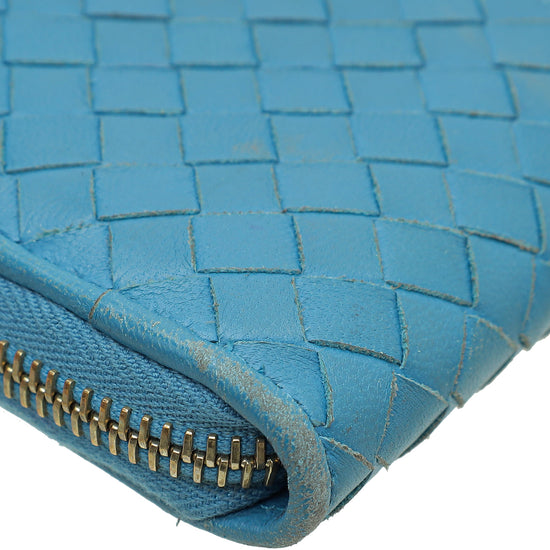 Bottega Veneta Blue Intrecciato Zip Around Wallet