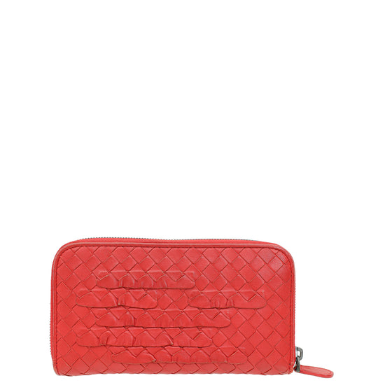 Bottega Veneta Red Intrecciato Zip Around Wallet