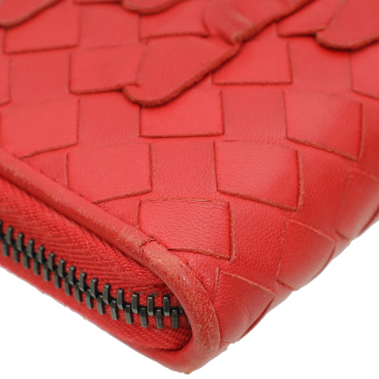 Bottega Veneta Red Intrecciato Zip Around Wallet