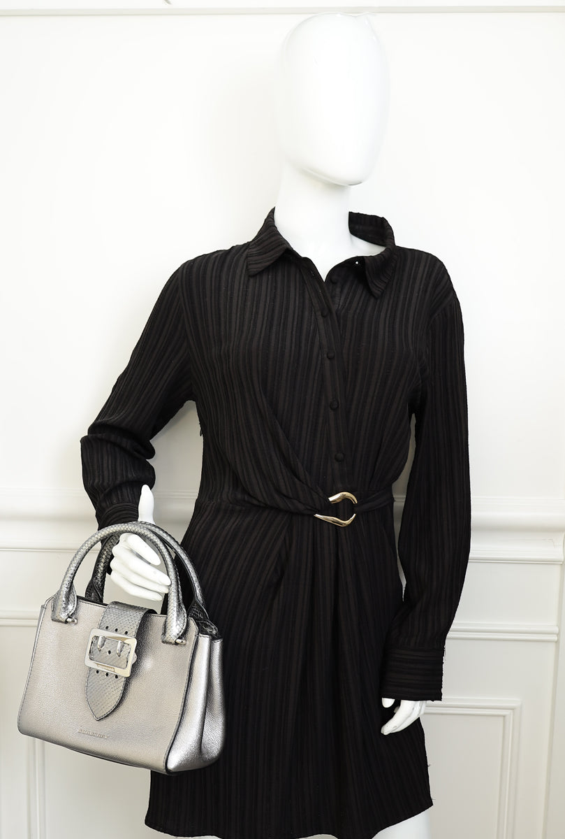 Burberry Metallic Silver Small Buckle Tote Bag