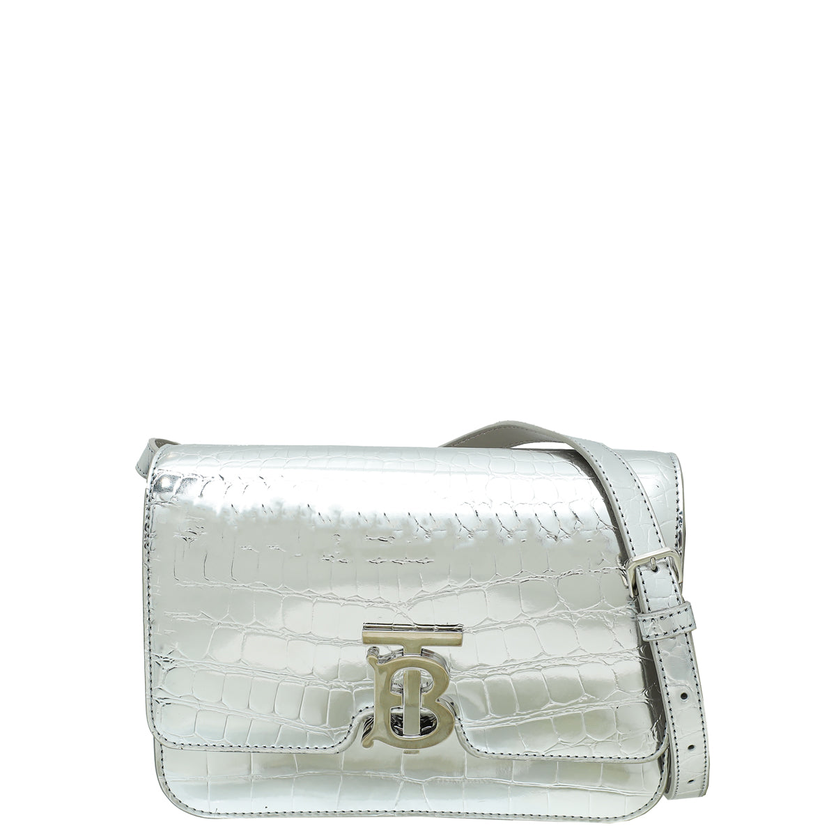 Burberry Silver TB Logo Croc Embossed Small Bag-Burberry-THE CLOSET