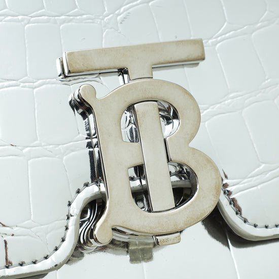 Burberry Silver TB Logo Croc Embossed Small Bag