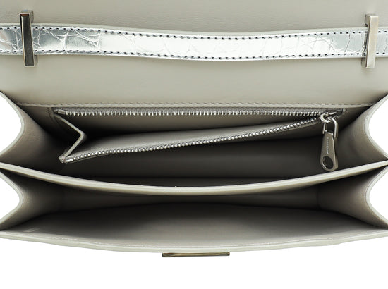 Burberry Silver TB Logo Croc Embossed Small Bag