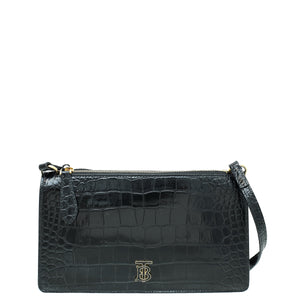 Burberry Black Croc Embossed TB Shoulder Bag