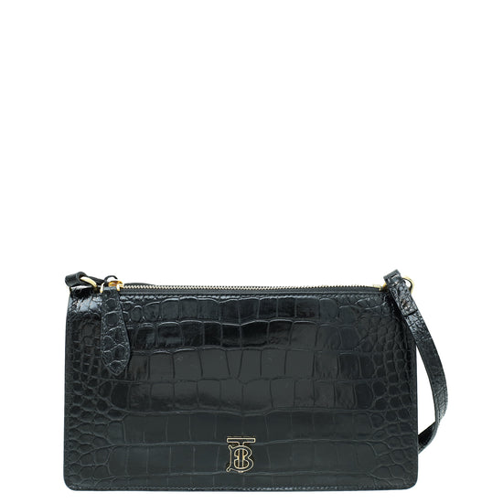 Burberry Black Croc Embossed TB Shoulder Bag