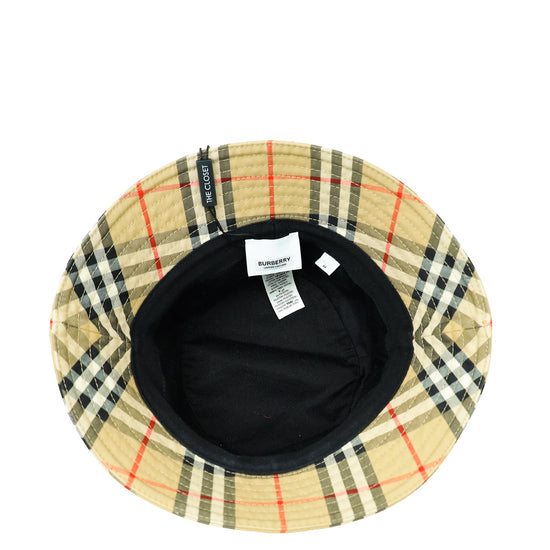 Burberry Beige Checked Bucket Medium Hat