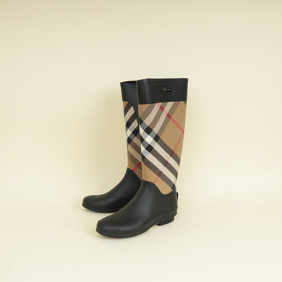 Burberry Bicolor Check Rubber Knee High Rain Rider Boots 37