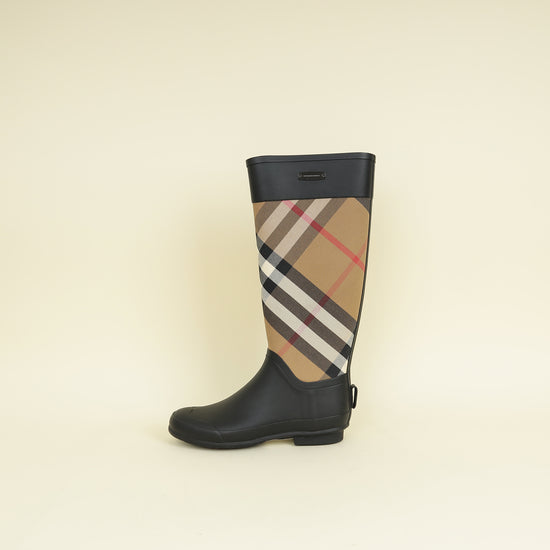 Burberry Bicolor Check Rubber Knee High Rain Rider Boots 37