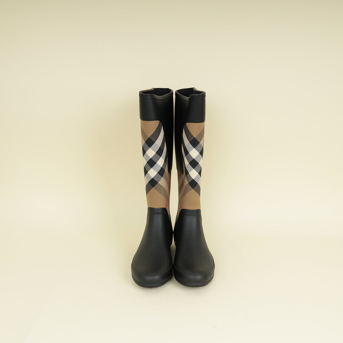 Burberry Bicolor Check Rubber Knee High Rain Rider Boots 37