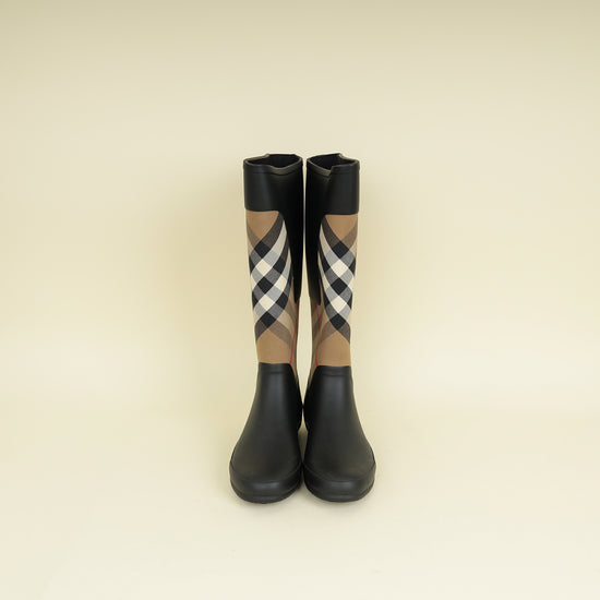 Burberry Bicolor Check Rubber Knee High Rain Rider Boots 37