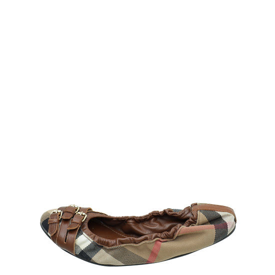 Burberry Bicolor Housecheck Bridle Flat Ballerina 38