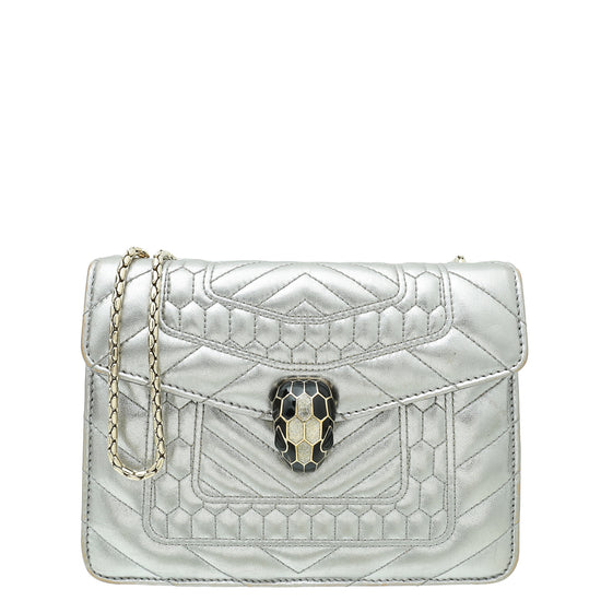 Bvlgari Metallic Silver Serpenti Forever Quilted Scaglie Flap Bag