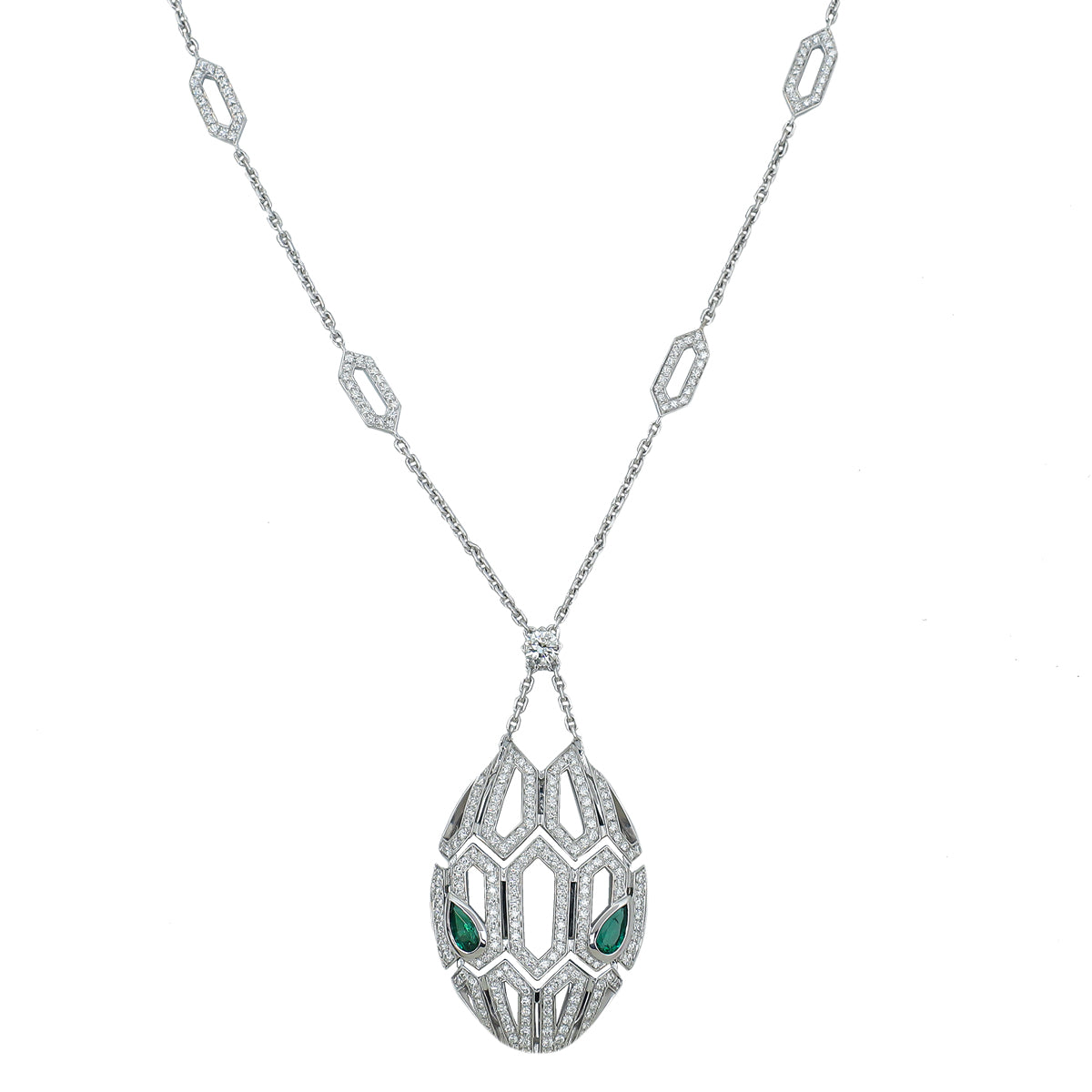 Bvlgari 18K White Gold Emeralds & Diamonds Serpenti Necklace-Bvlgari-THE CLOSET