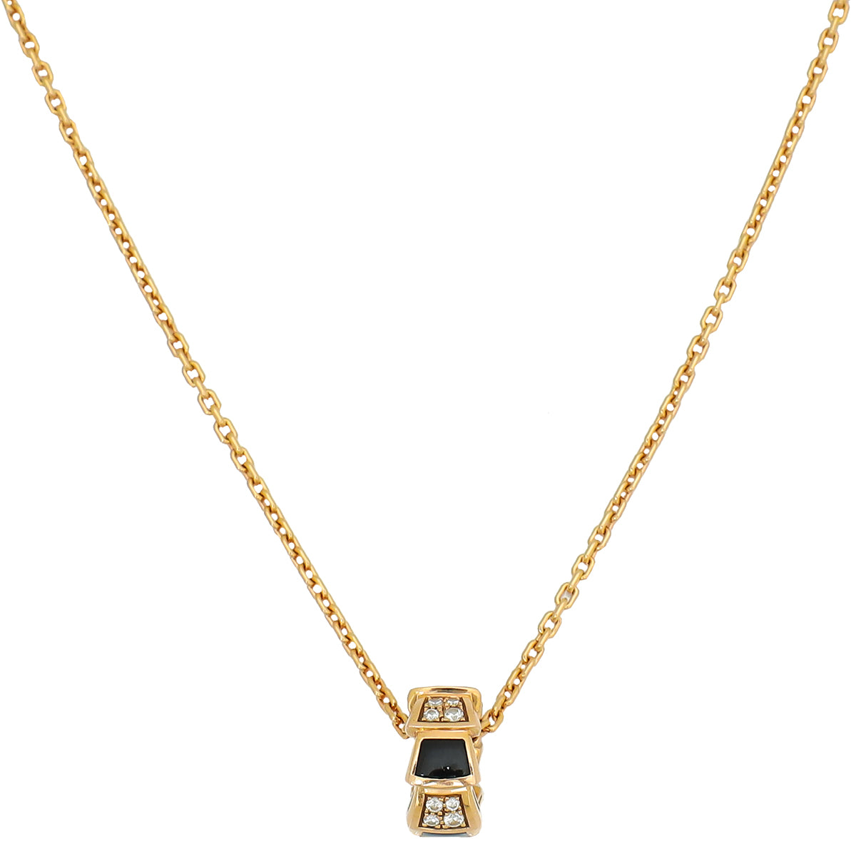 Bvlgari 18K Rose Gold Diamond Onyx Serpenti Viper Pendant Necklace